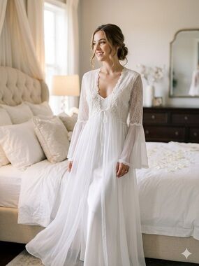 La SENZA Splendida Per Vintage Long Flowy Cream Lace Wedding Night Robe